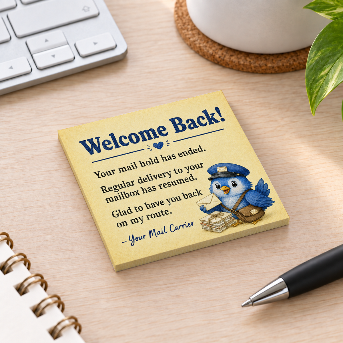 Close-up of Welcome Back Mail Hold Ended sticky note design and writable area