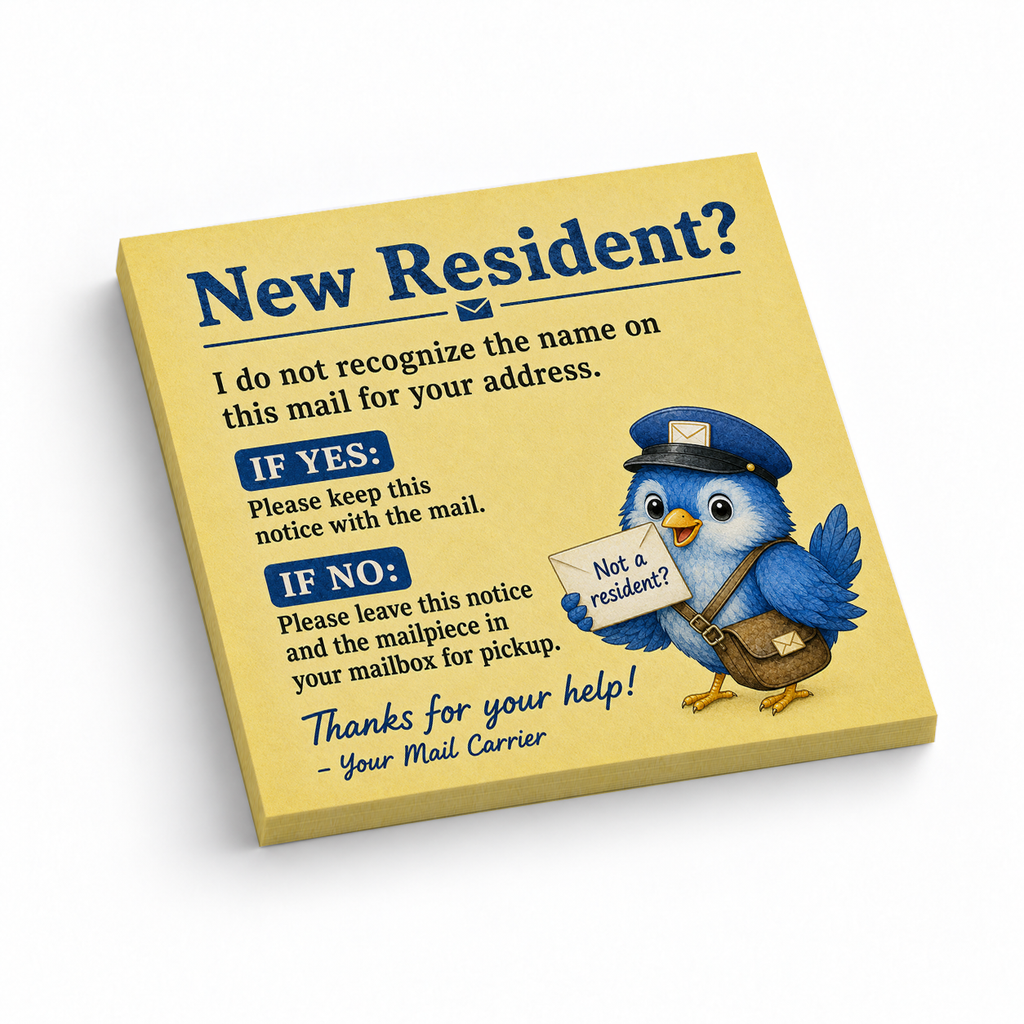 New Resident Mail Carrier 3x3 sticky notes, 50-sheet memo pad