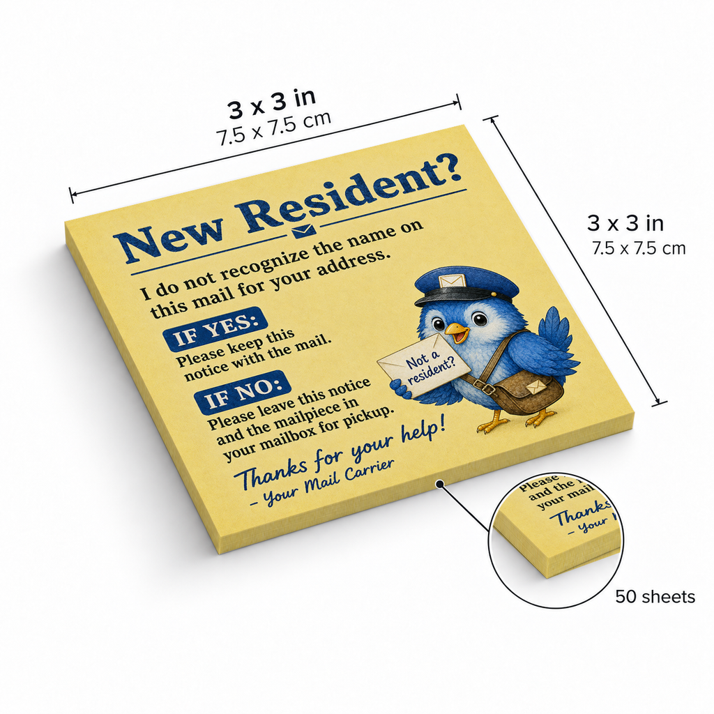 New Resident Mail Carrier sticky notes, 3x3 in (7.5 x 7.5 cm), 50 sheets