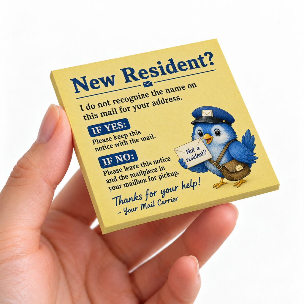 New Resident Mail Carrier sticky note pad on a desk with stationery