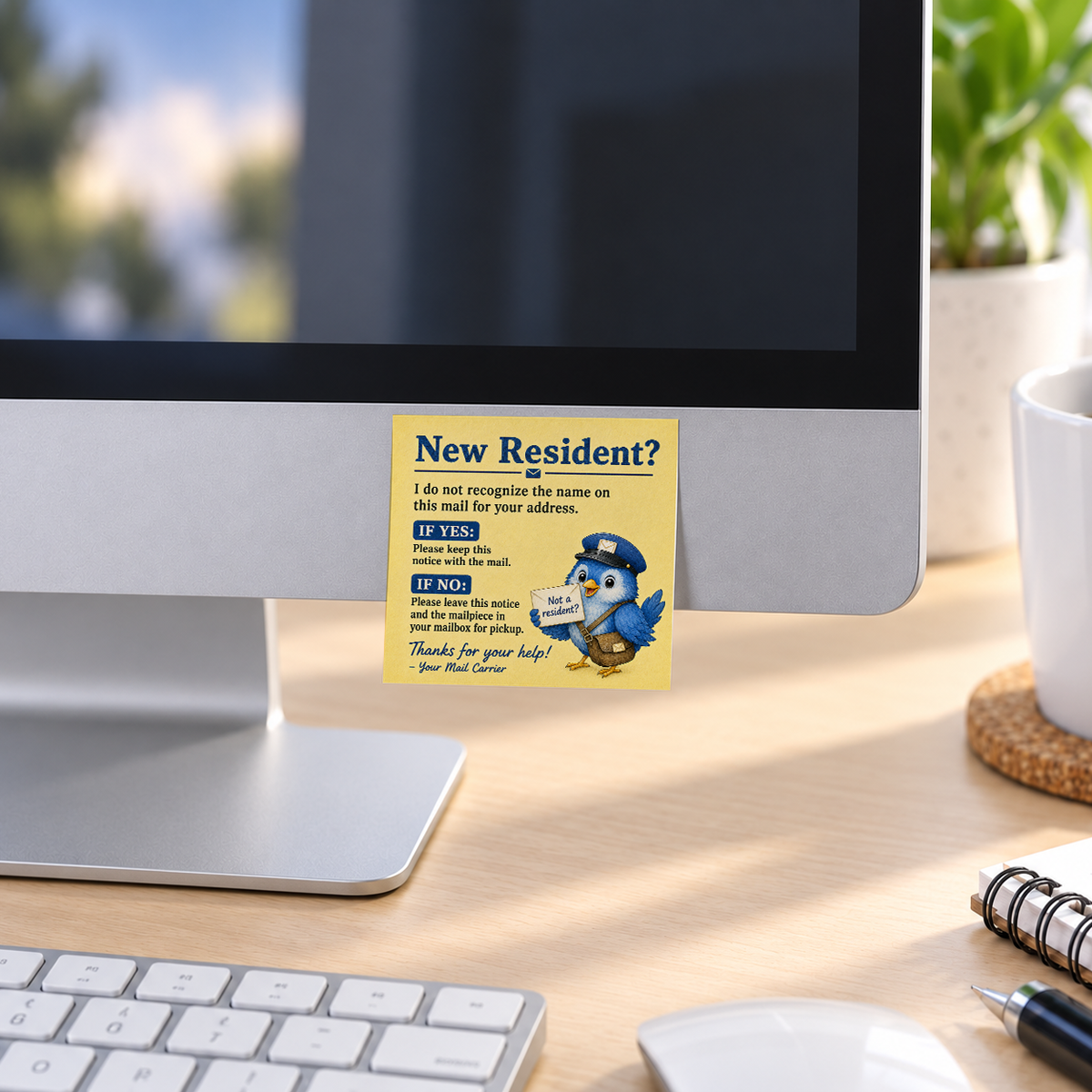 New Resident Mail Carrier memo pad in an office or home workspace
