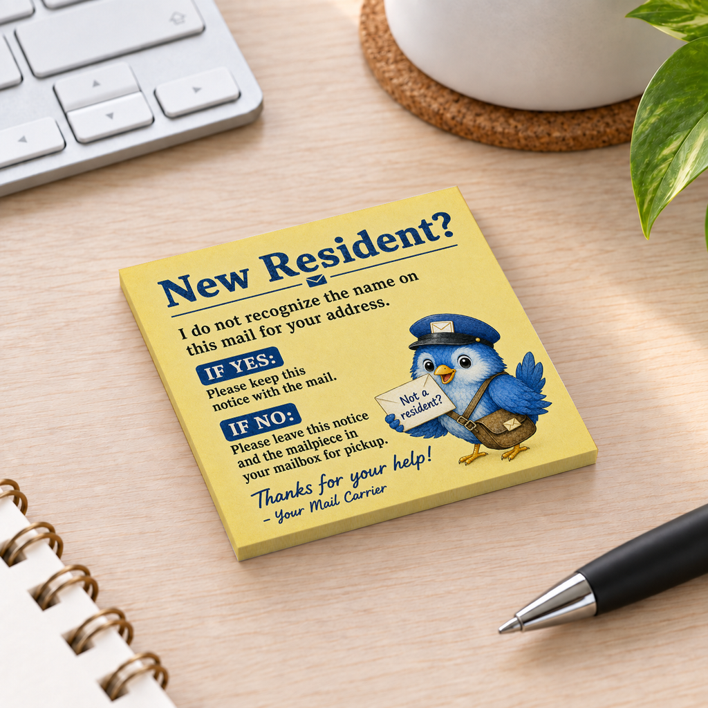 Close-up of New Resident Mail Carrier sticky note design and writable area