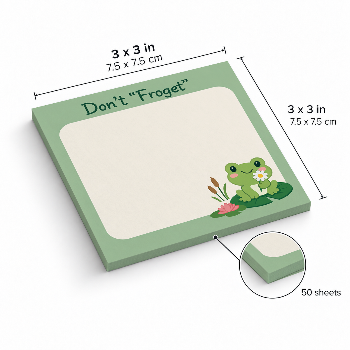 Don't Froget Frog Pun sticky notes, 3x3 in (7.5 x 7.5 cm), 50 sheets