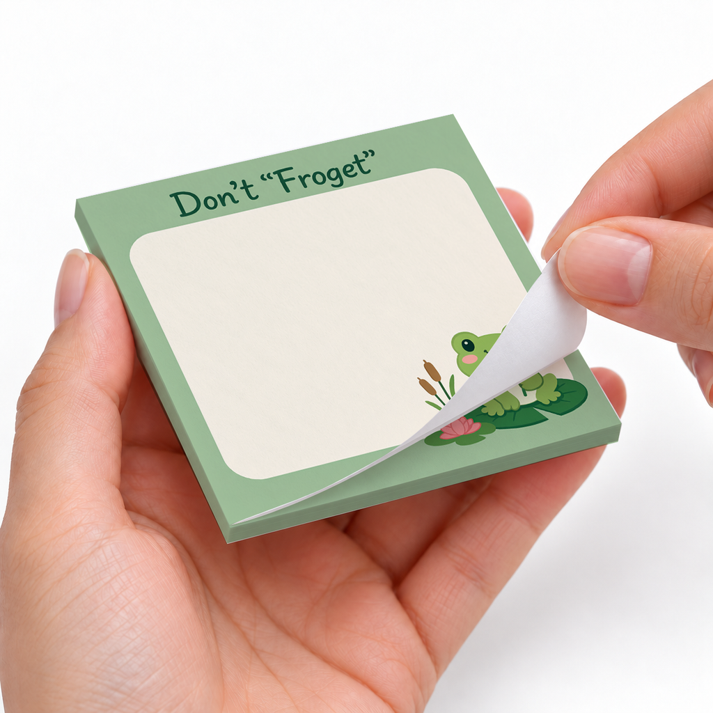 Don't Froget Frog Pun sticky notes styled with a planner and desk accessories