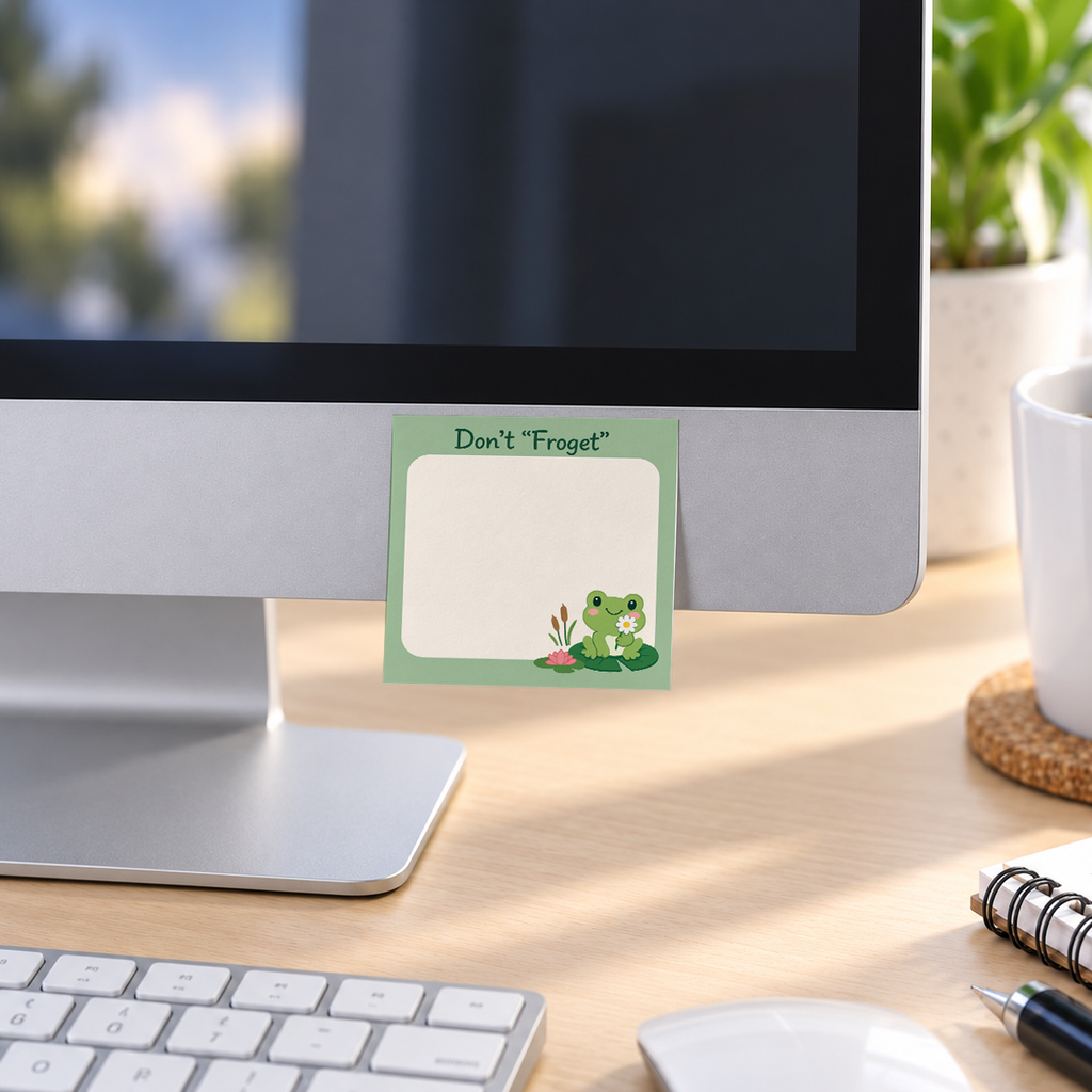 Don't Froget Frog Pun memo pad in an office or home workspace