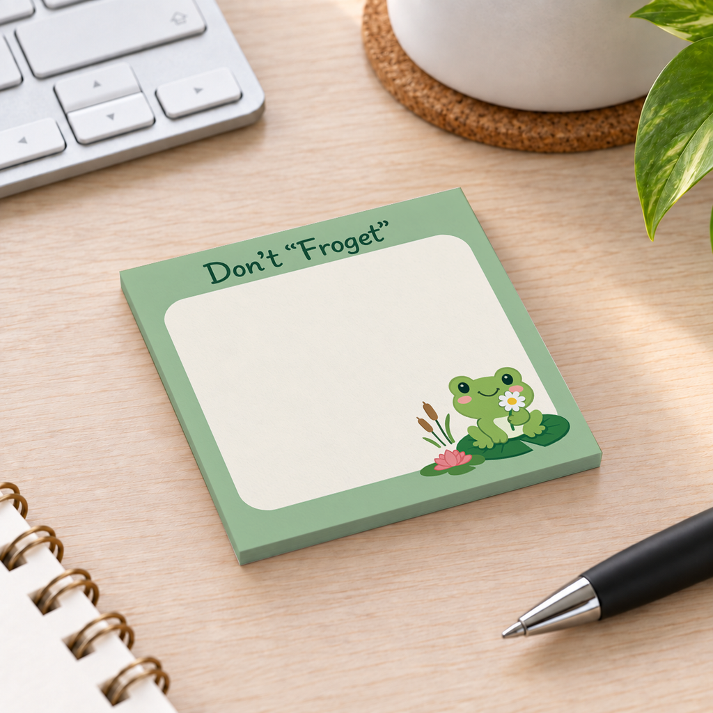Close-up of Don't Froget Frog Pun sticky note design and writable area