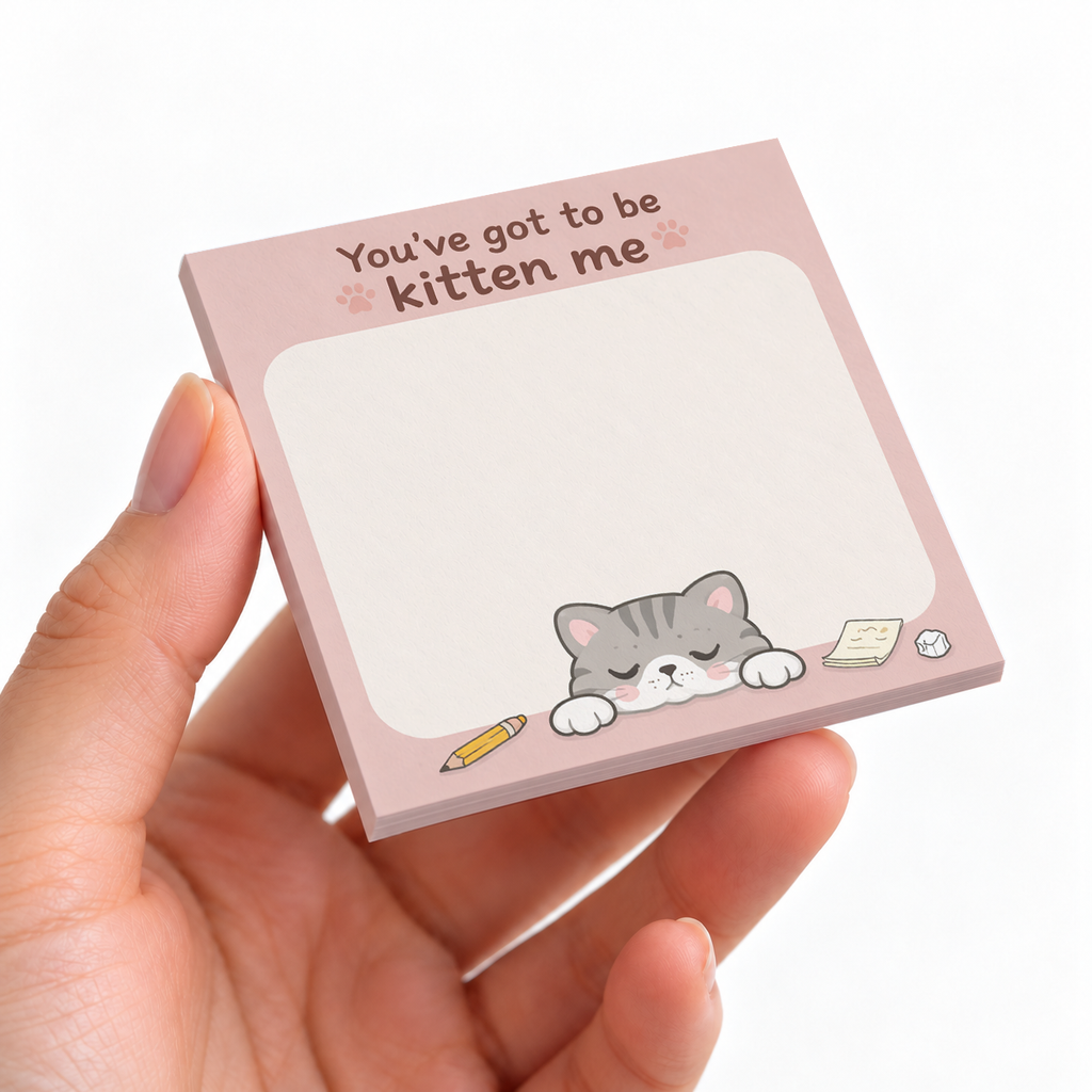 Kitten Me Cat Pun sticky note pad on a desk with stationery