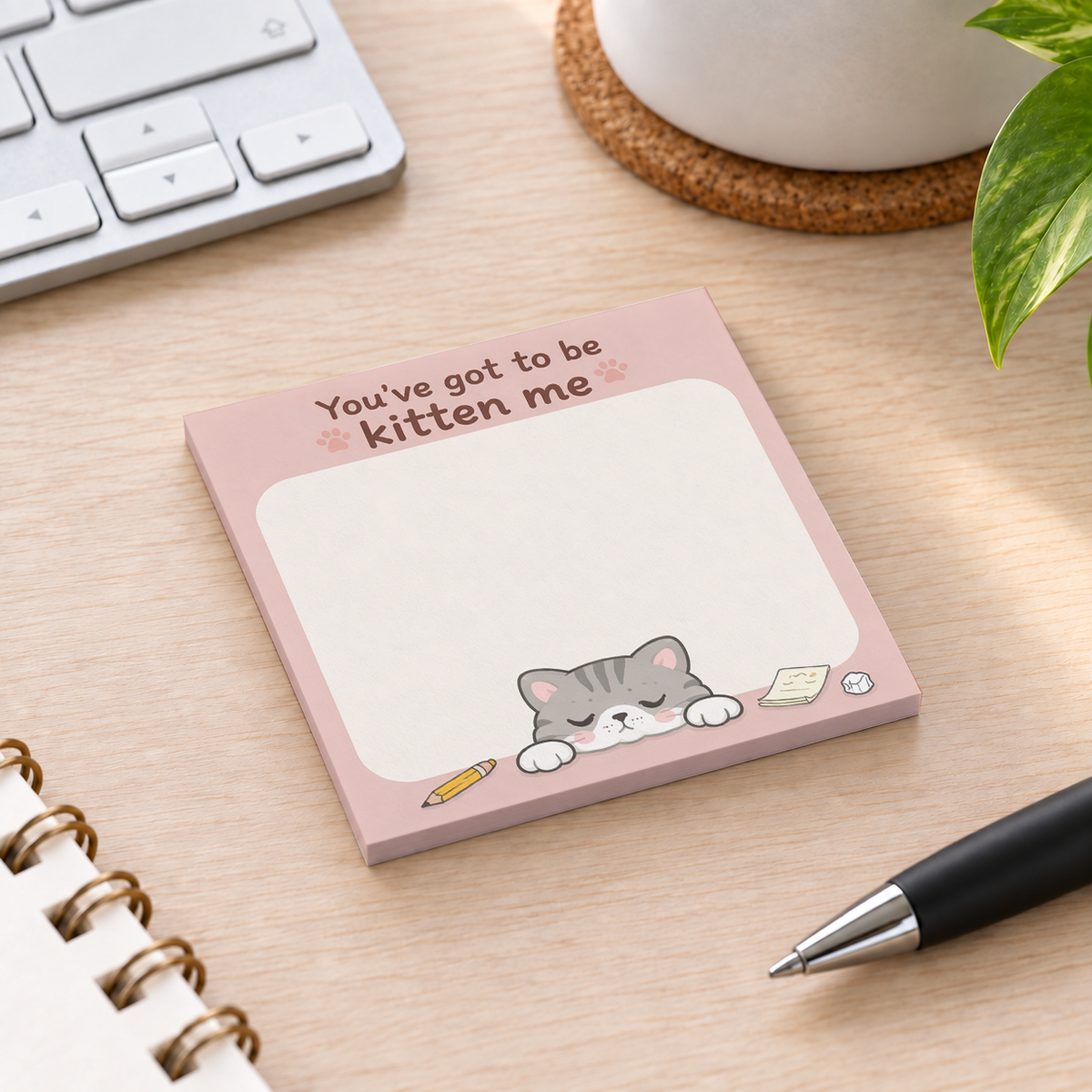 Close-up of Kitten Me Cat Pun sticky note design and writable area