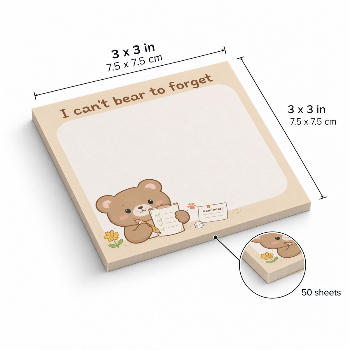 I Can't Bear To Forget sticky notes, 3x3 in (7.5 x 7.5 cm), 50 sheets