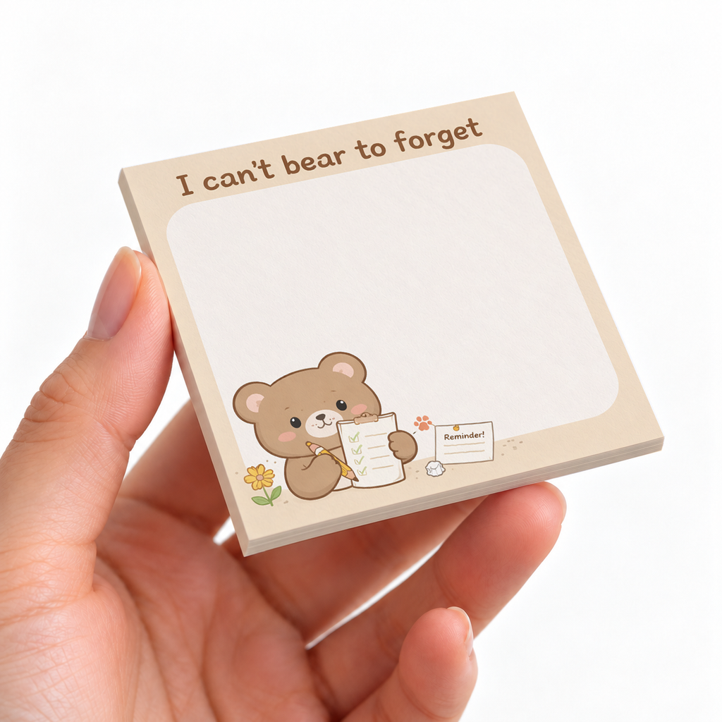 I Can't Bear To Forget sticky note pad on a desk with stationery