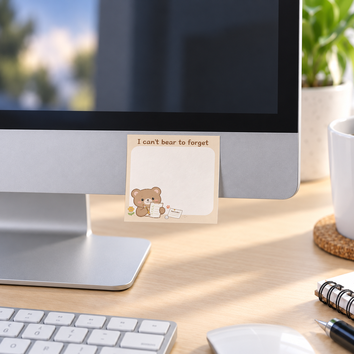 I Can't Bear To Forget memo pad in an office or home workspace