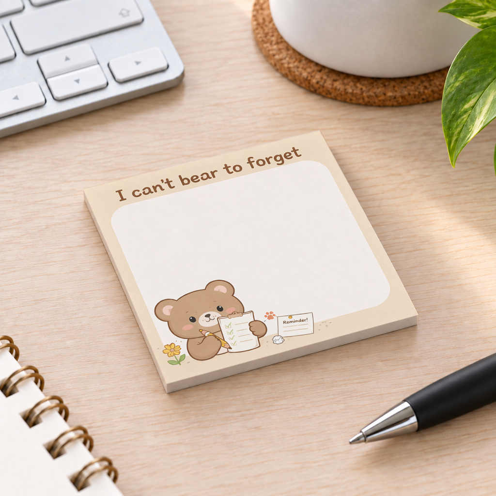 Close-up of I Can't Bear To Forget sticky note design and writable area
