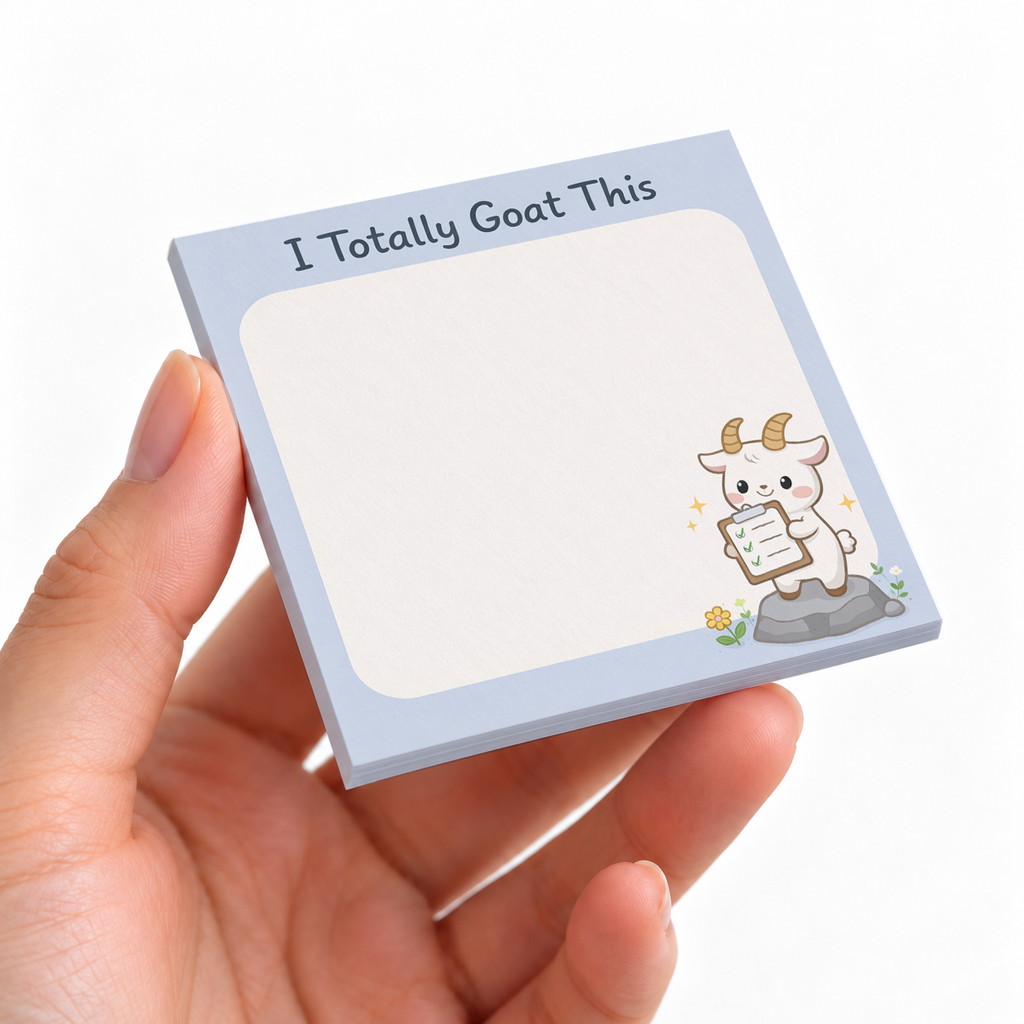 I Totally Goat This Motivational sticky note pad on a desk with stationery