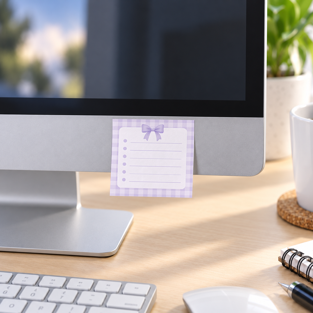 Top Bow Gingham memo pad in an office or home workspace