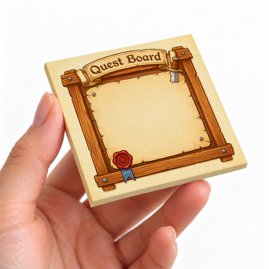 Dagger Quest Board sticky note pad on a desk with stationery