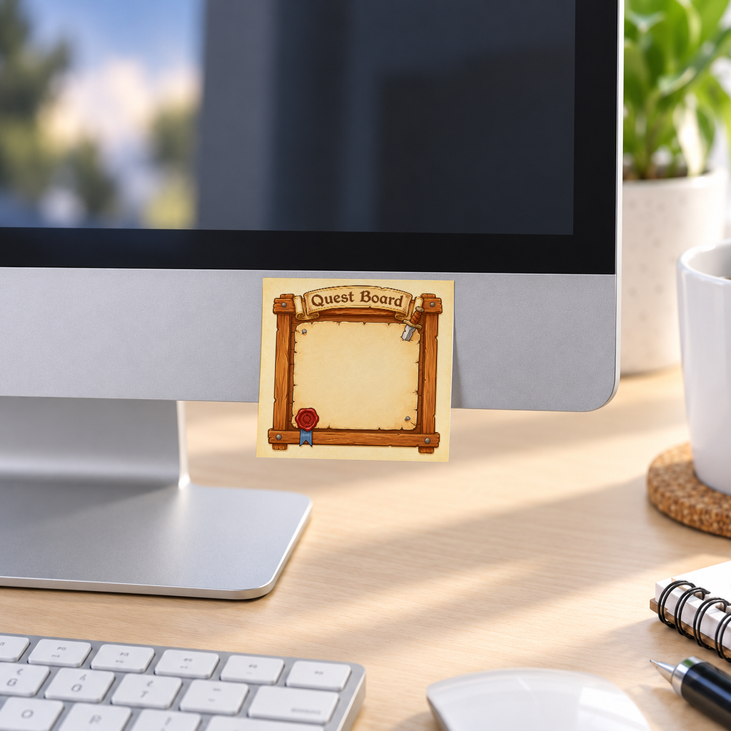 Dagger Quest Board memo pad in an office or home workspace