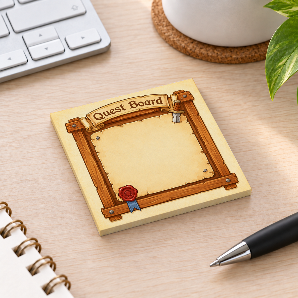 Close-up of Dagger Quest Board sticky note design and writable area