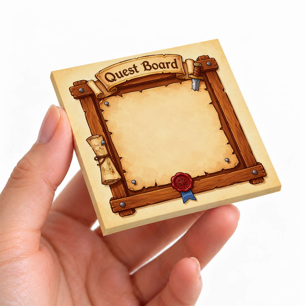Explorer Map Quest Board sticky note pad on a desk with stationery