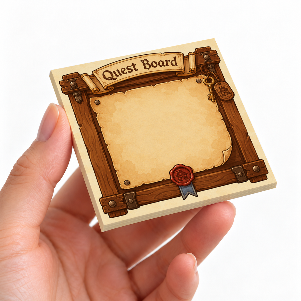 Tavern Key Quest Board sticky note pad on a desk with stationery