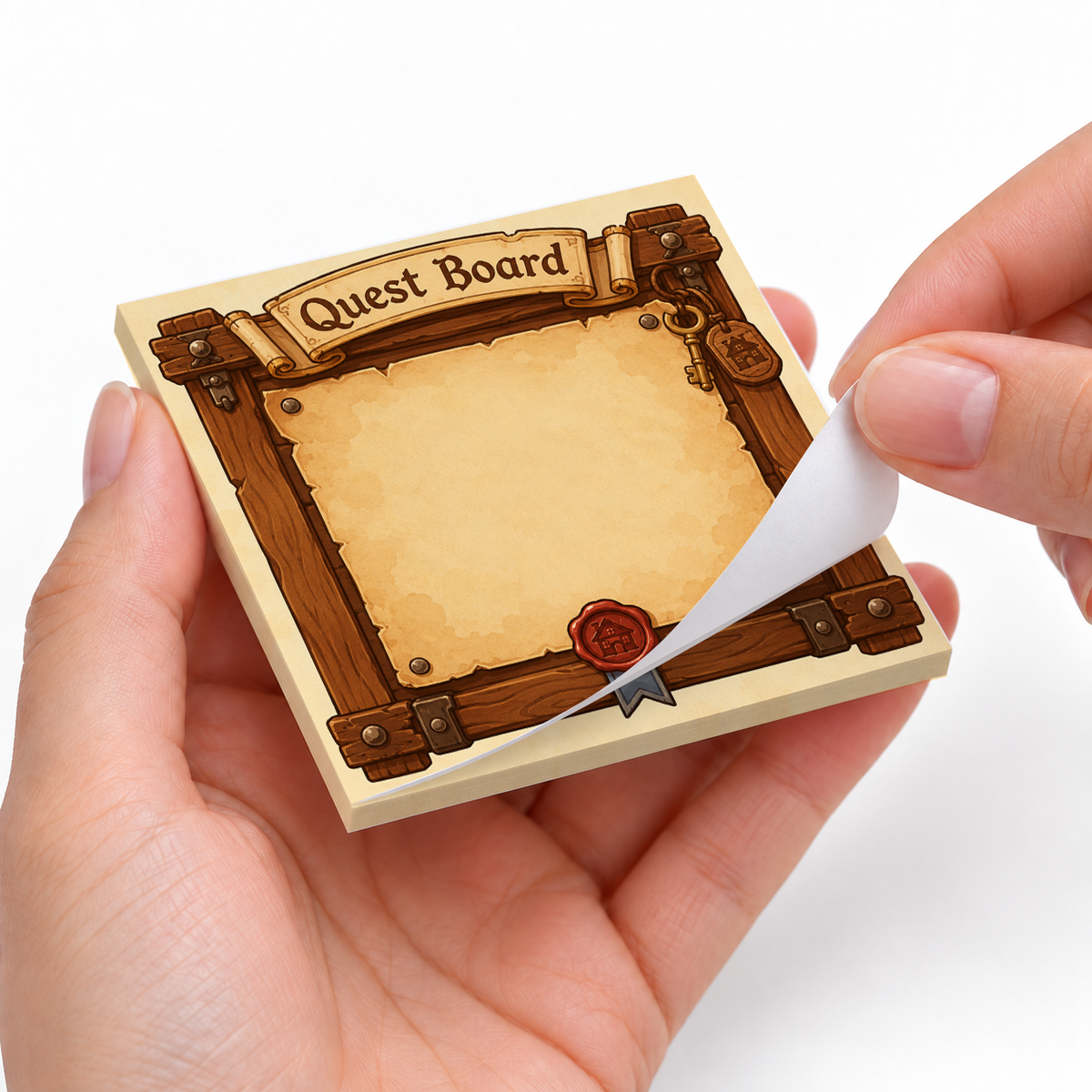 Tavern Key Quest Board sticky notes styled with a planner and desk accessories