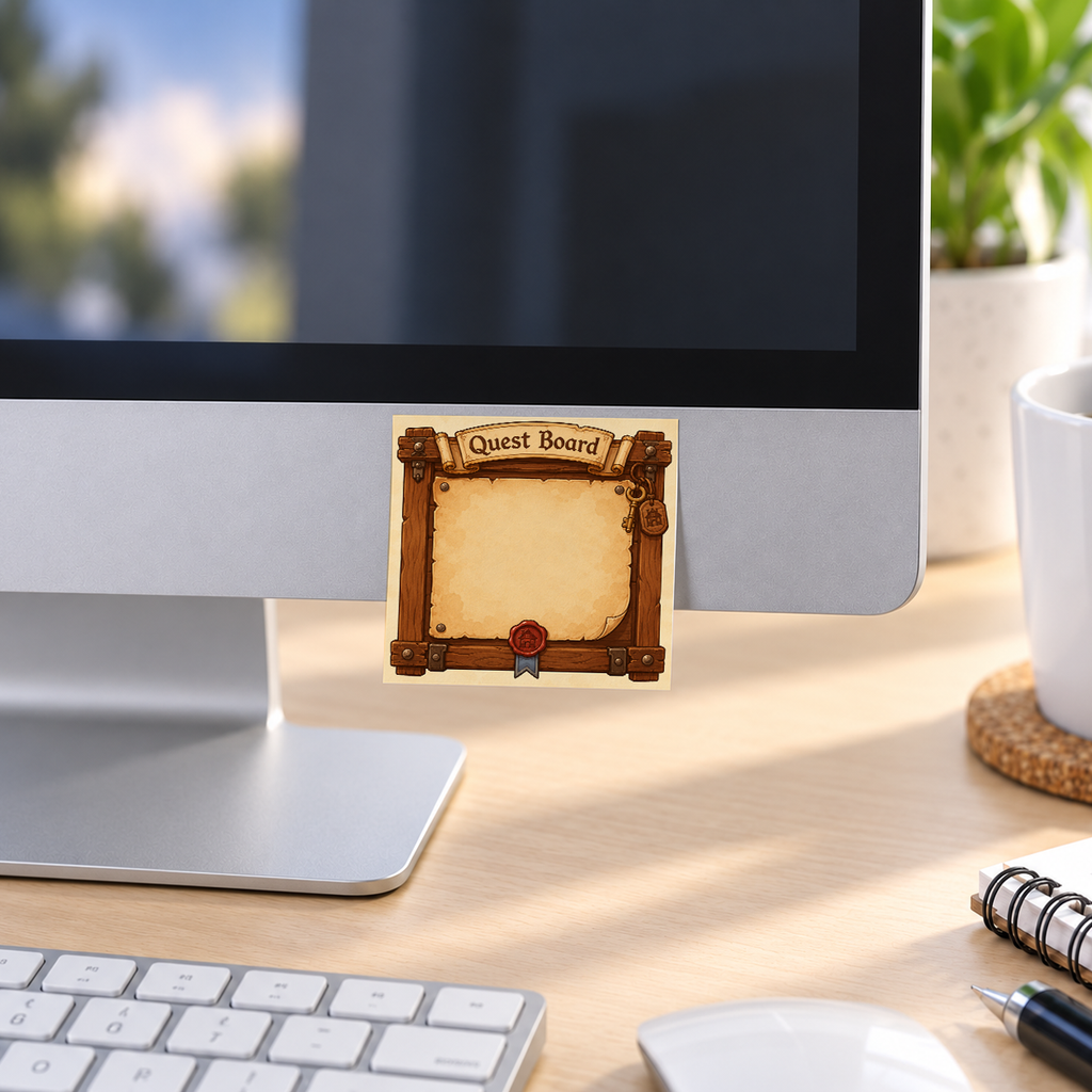 Tavern Key Quest Board memo pad in an office or home workspace