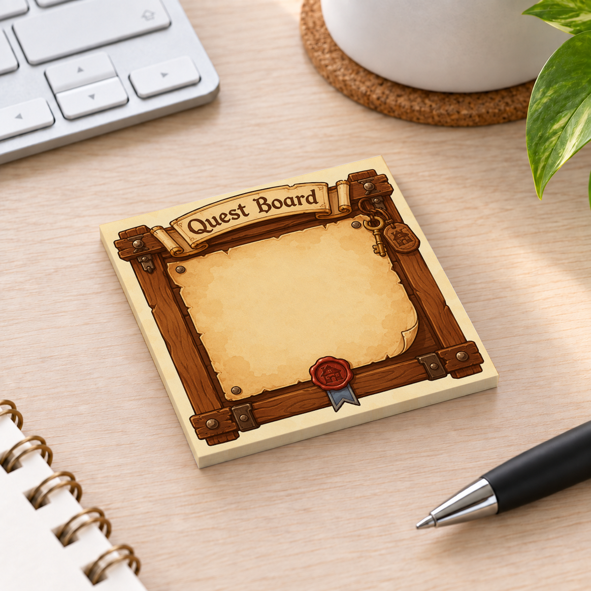 Close-up of Tavern Key Quest Board sticky note design and writable area