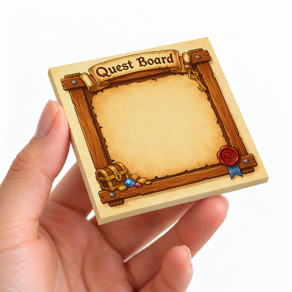 Treasure Chest Quest Board sticky note pad on a desk with stationery
