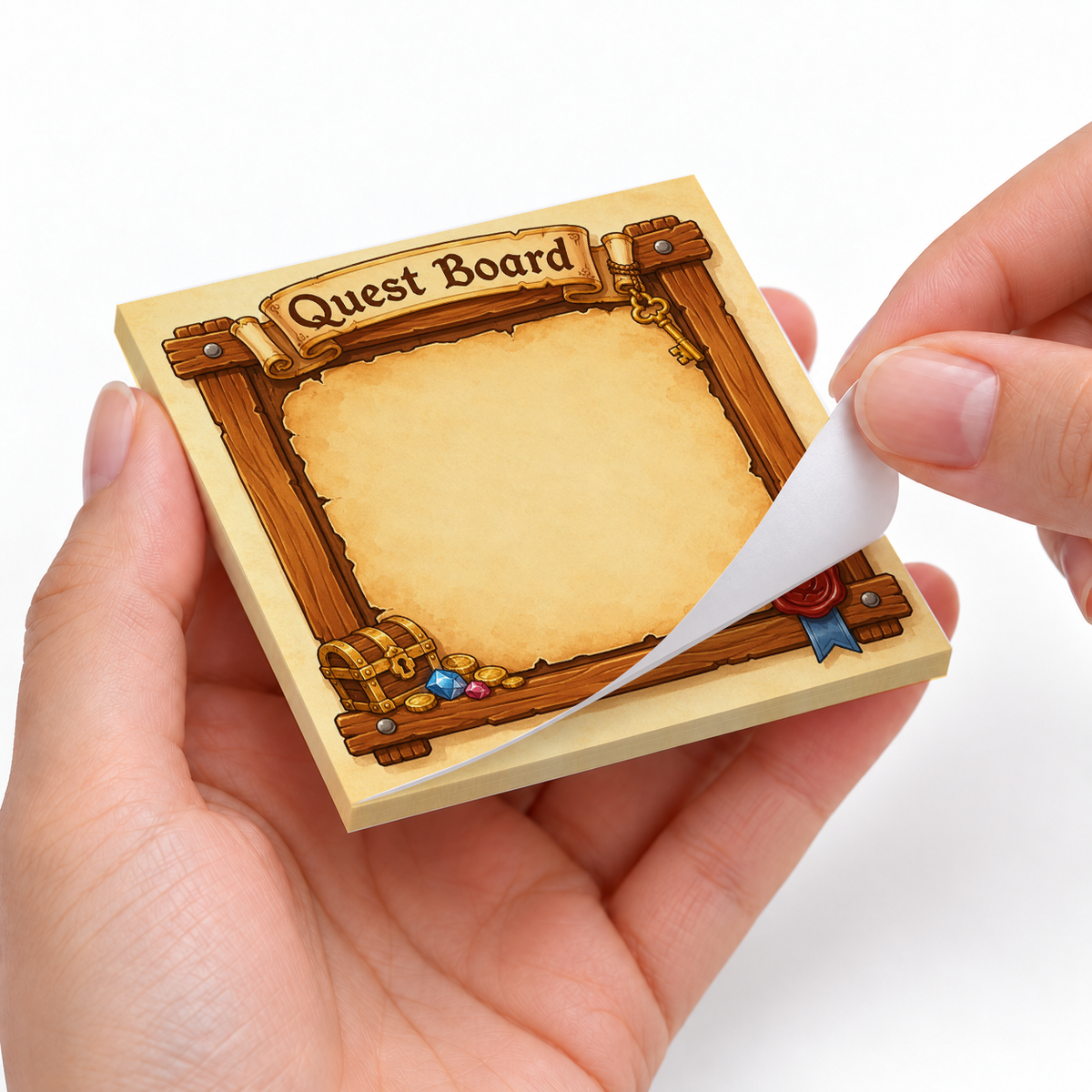 Treasure Chest Quest Board sticky notes styled with a planner and desk accessories