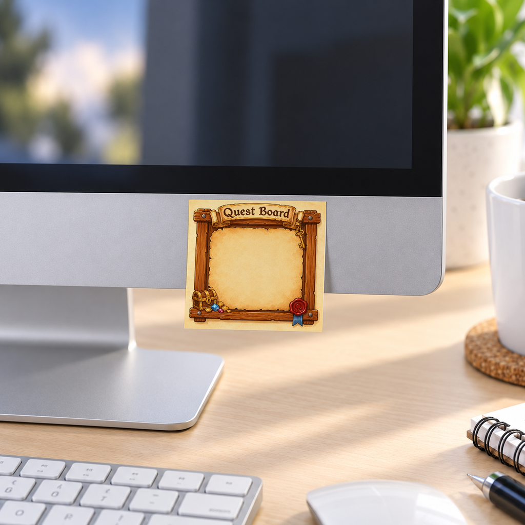 Treasure Chest Quest Board memo pad in an office or home workspace
