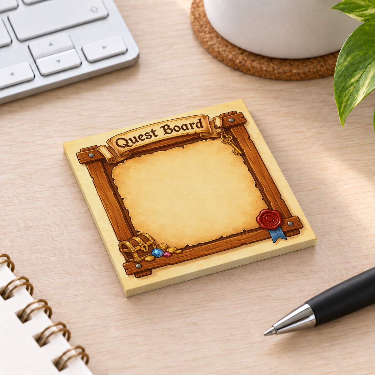 Close-up of Treasure Chest Quest Board sticky note design and writable area