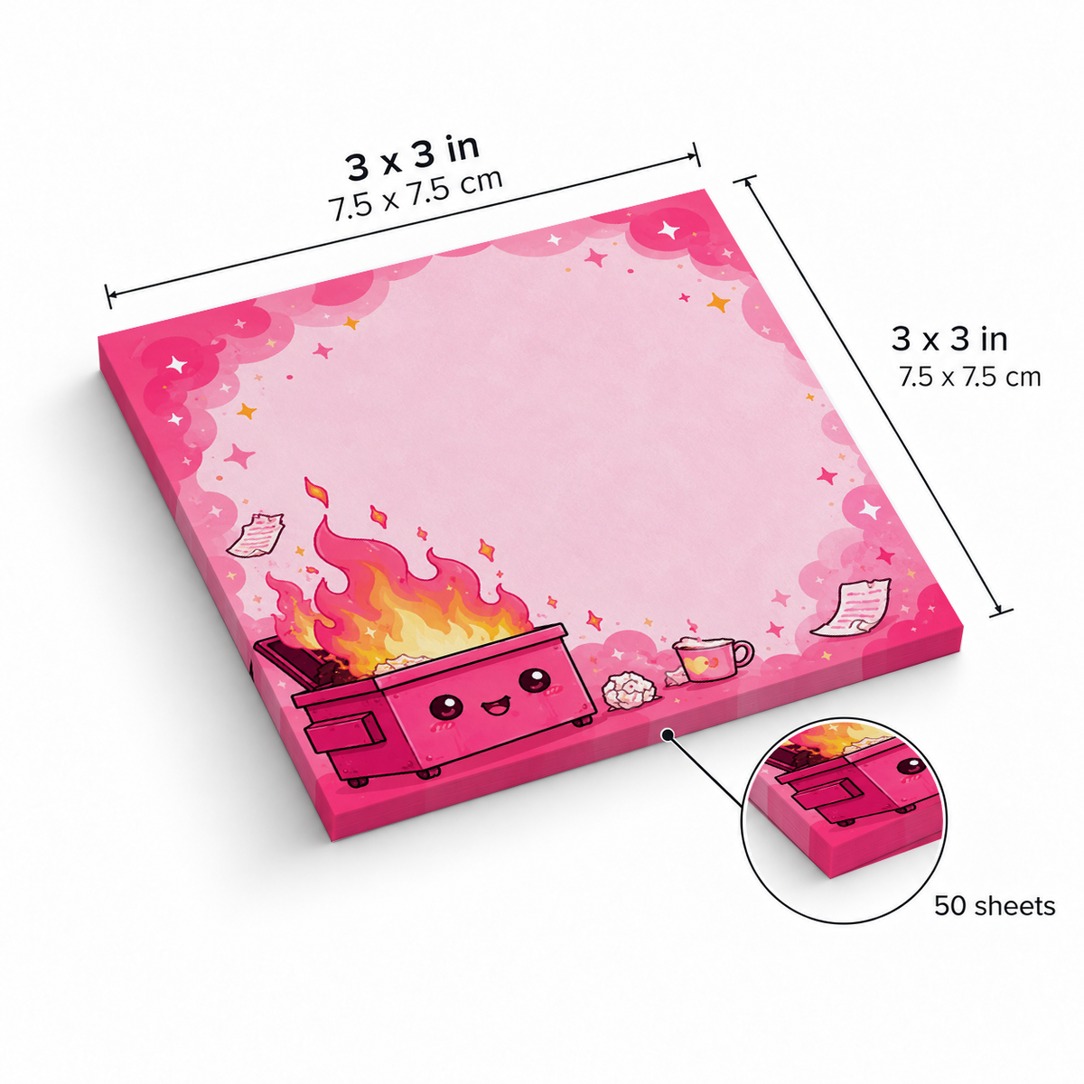 Kawaii Pink Dumpster Fire sticky notes, 3x3 in (7.5 x 7.5 cm), 50 sheets
