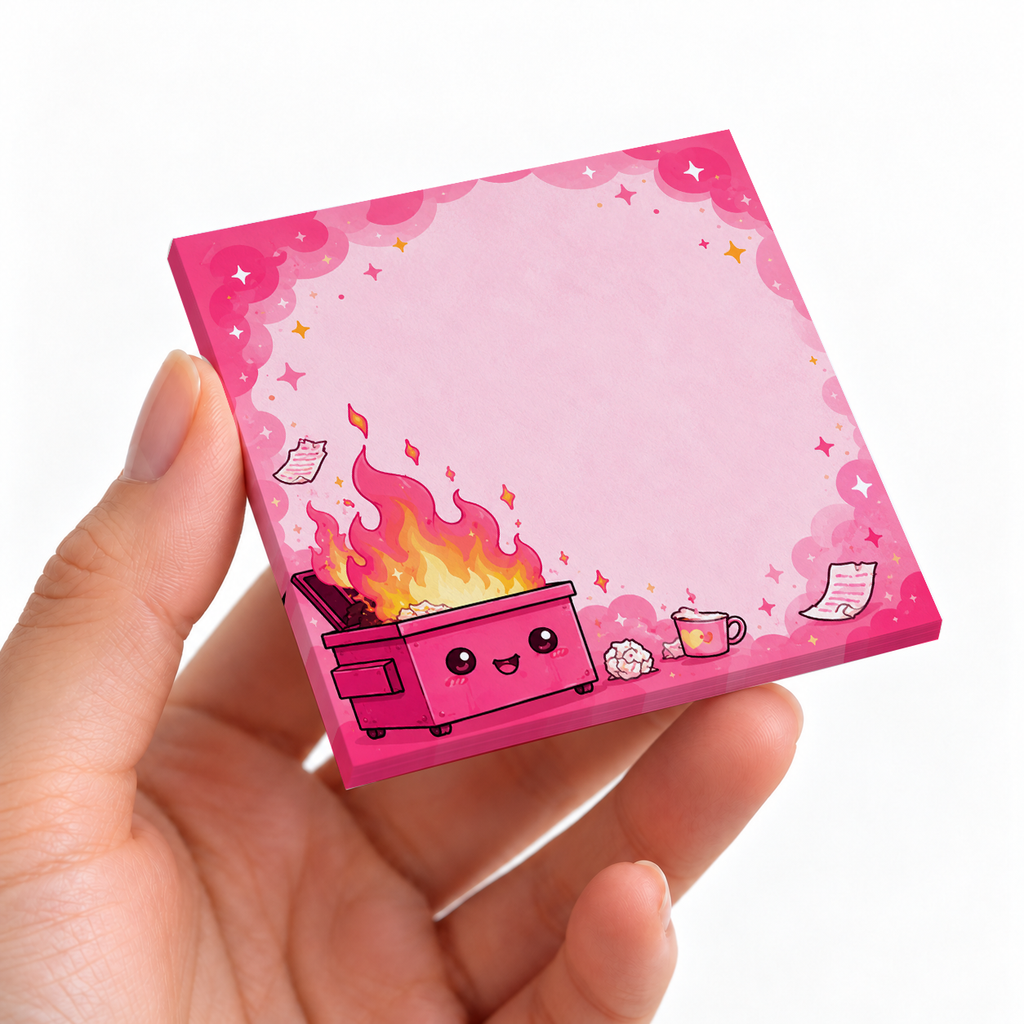Kawaii Pink Dumpster Fire sticky note pad on a desk with stationery