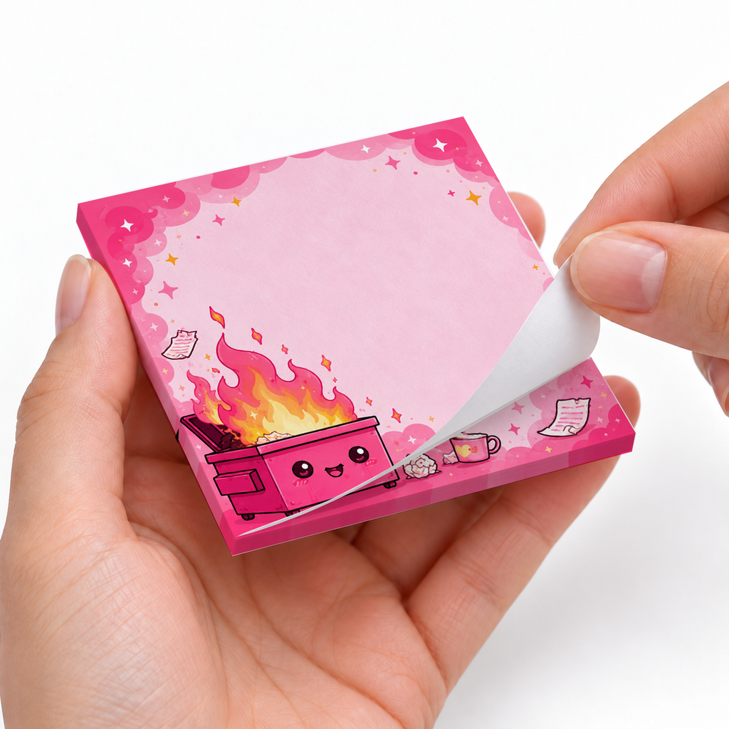 Kawaii Pink Dumpster Fire sticky notes styled with a planner and desk accessories