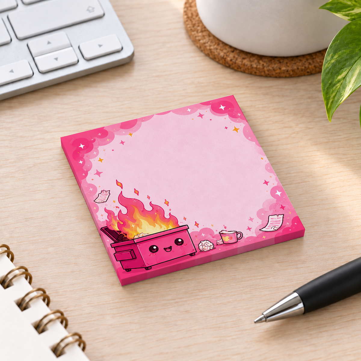 Close-up of Kawaii Pink Dumpster Fire sticky note design and writable area