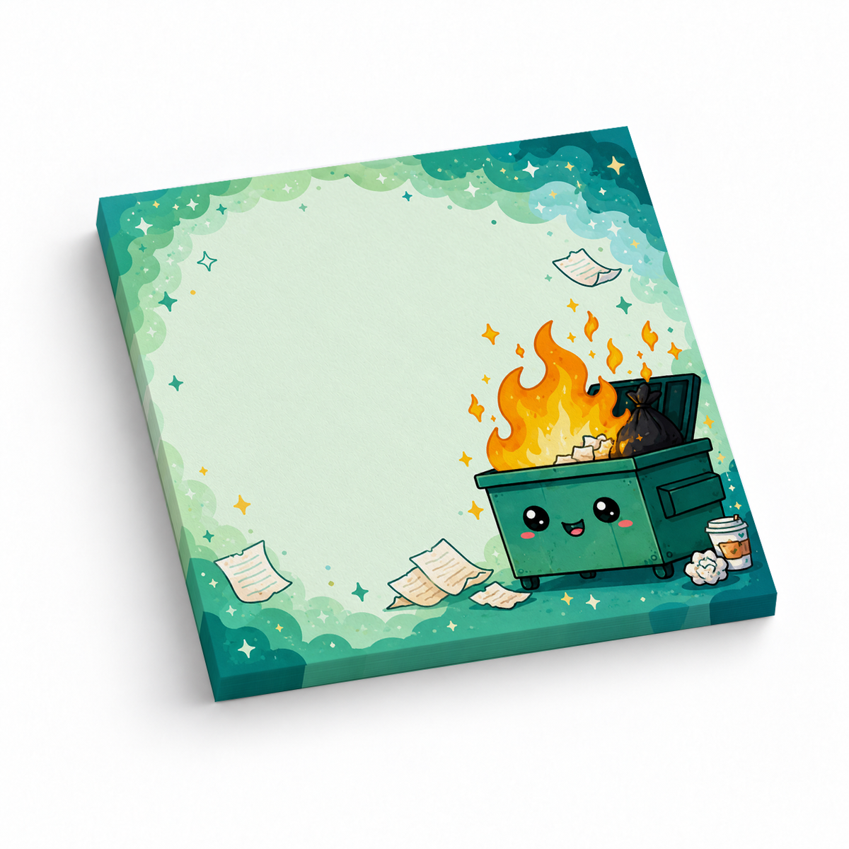 Cute Green Dumpster Fire 3x3 sticky notes, 50-sheet memo pad