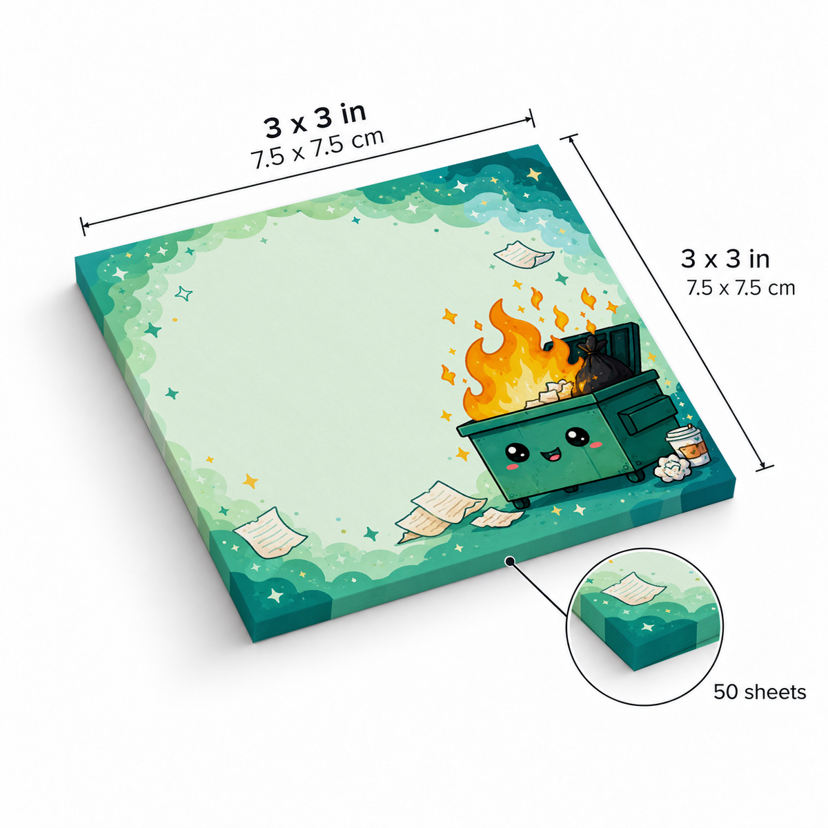 Cute Green Dumpster Fire sticky notes, 3x3 in (7.5 x 7.5 cm), 50 sheets