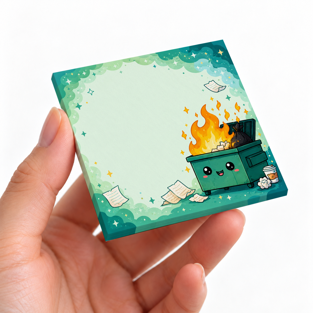 Cute Green Dumpster Fire sticky note pad on a desk with stationery