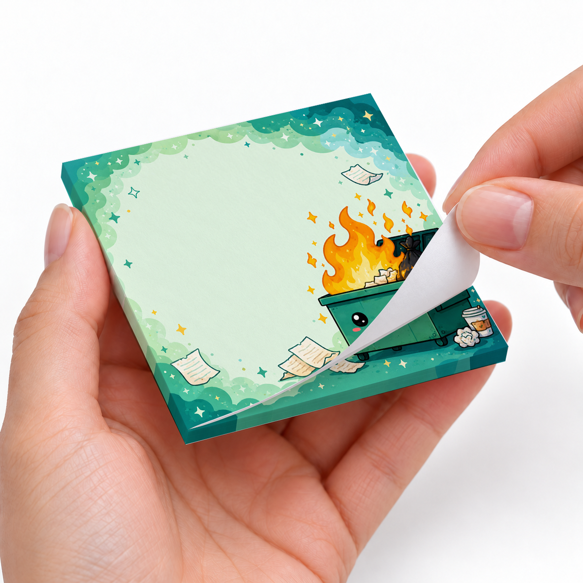 Cute Green Dumpster Fire sticky notes styled with a planner and desk accessories