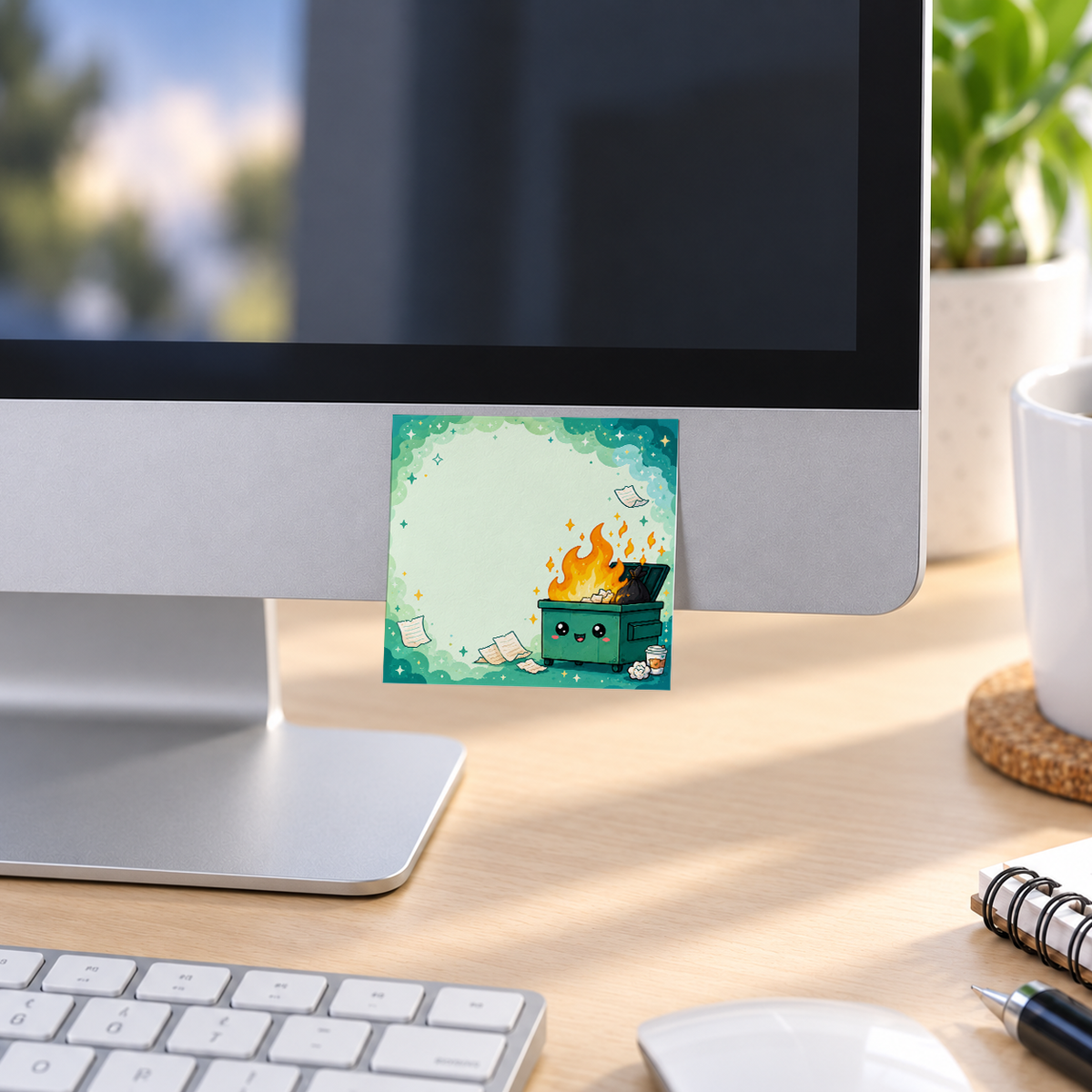 Cute Green Dumpster Fire memo pad in an office or home workspace