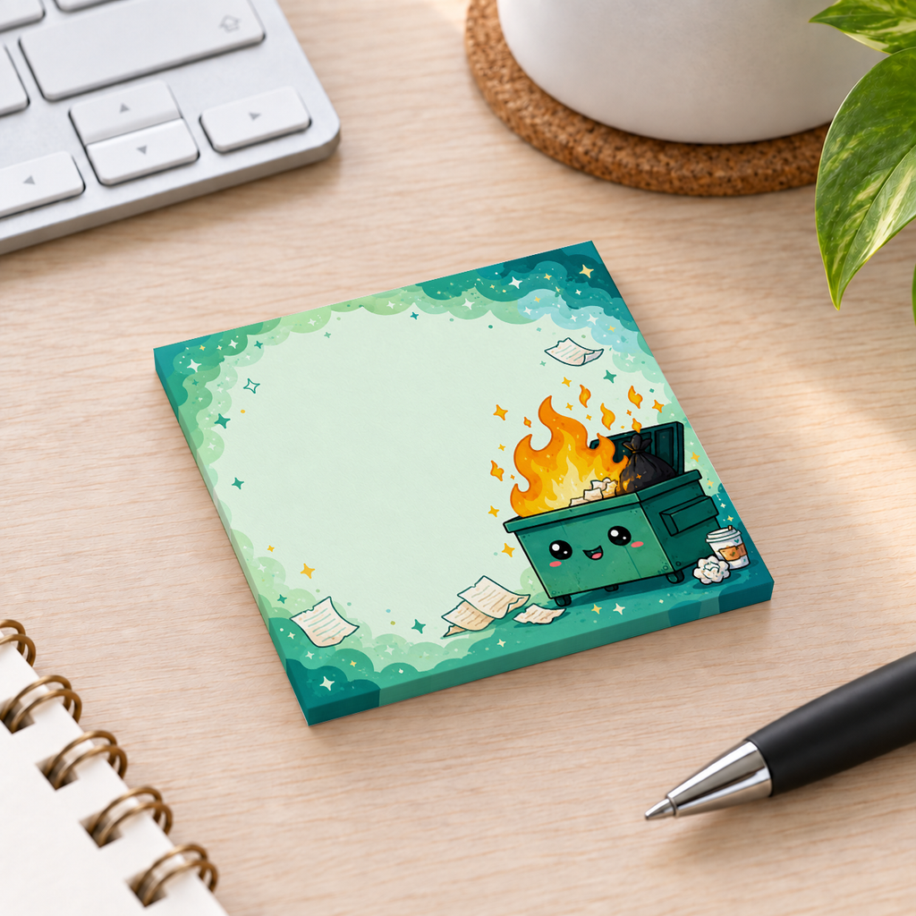 Close-up of Cute Green Dumpster Fire sticky note design and writable area