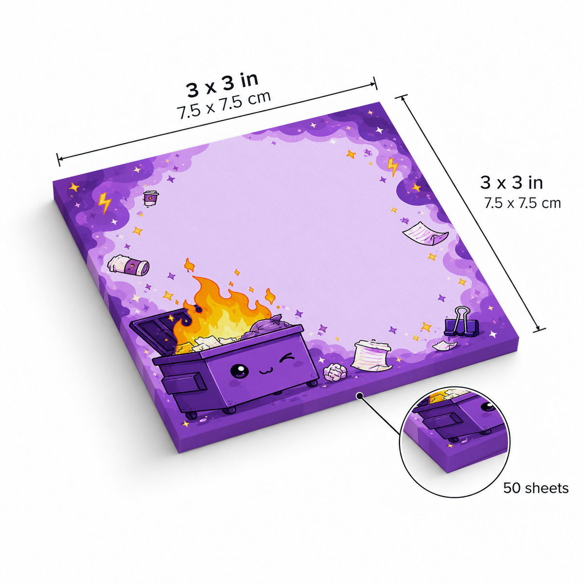 Winking Purple Dumpster Fire sticky notes, 3x3 in (7.5 x 7.5 cm), 50 sheets