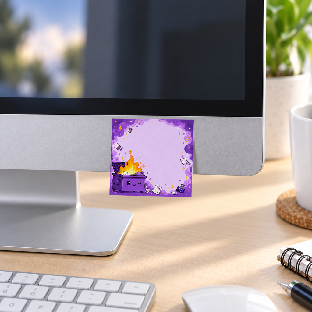 Winking Purple Dumpster Fire memo pad in an office or home workspace