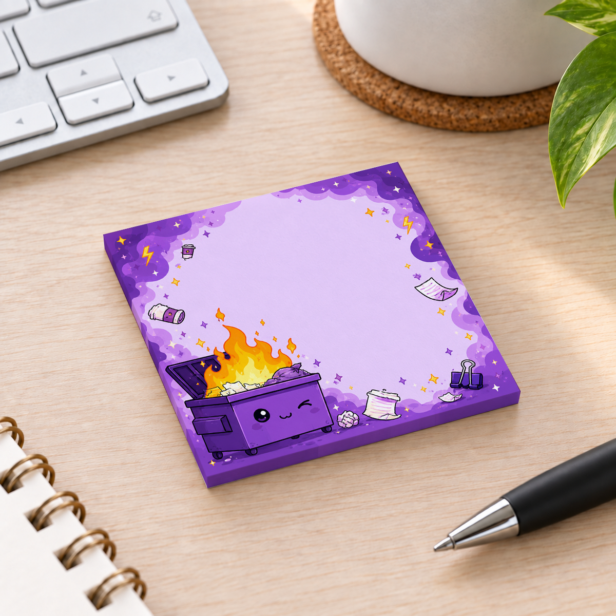 Close-up of Winking Purple Dumpster Fire sticky note design and writable area