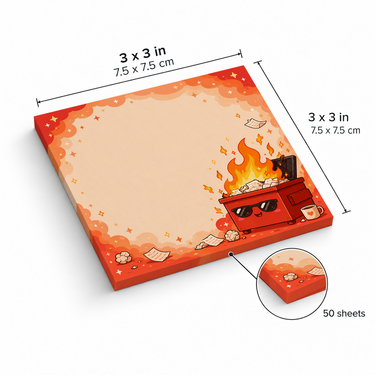 Cool Red Dumpster Fire sticky notes, 3x3 in (7.5 x 7.5 cm), 50 sheets