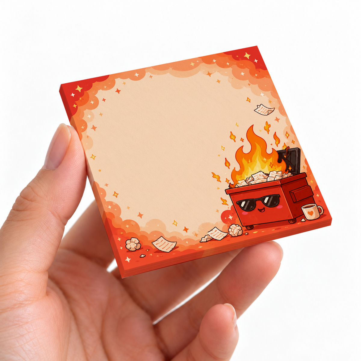 Cool Red Dumpster Fire sticky note pad on a desk with stationery