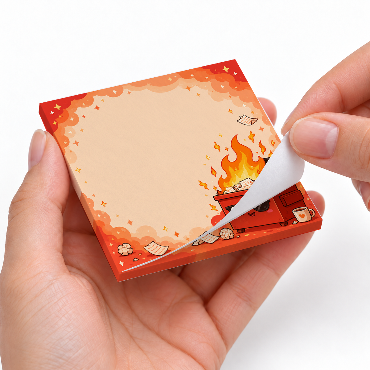 Cool Red Dumpster Fire sticky notes styled with a planner and desk accessories