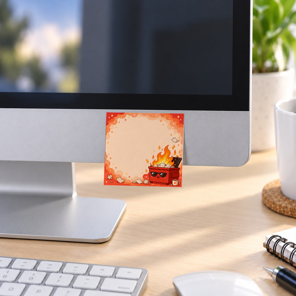Cool Red Dumpster Fire memo pad in an office or home workspace