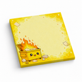 Yellow sticky note pad with a smiling dumpster fire illustration and scattered papers on a white background.