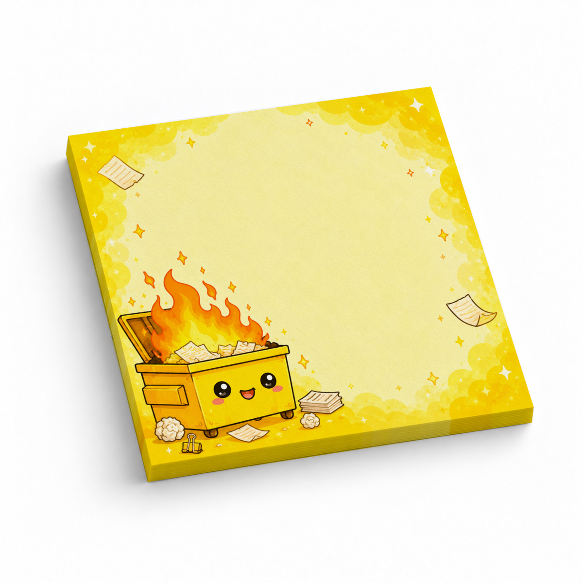 Yellow sticky note pad with a smiling dumpster fire illustration and scattered papers on a white background.