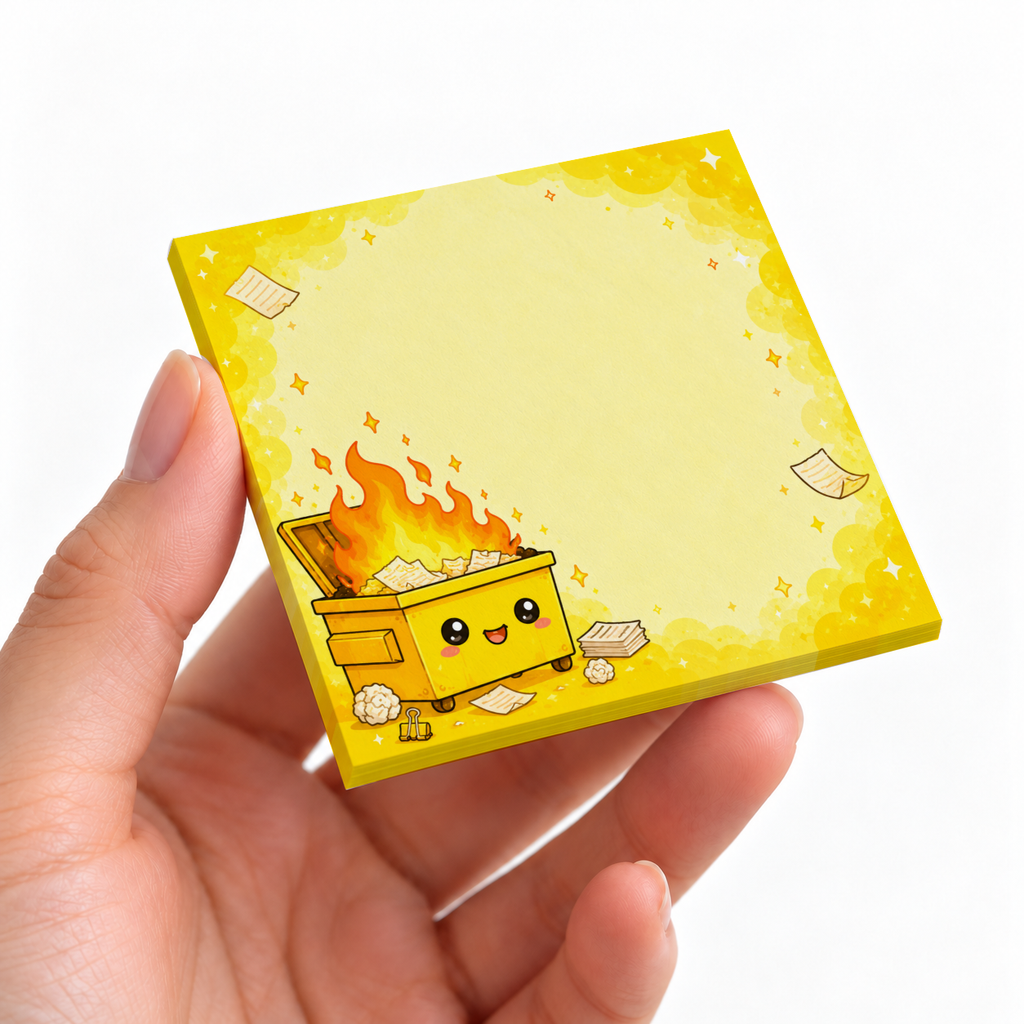 A hand holds a yellow sticky note pad with a smiling dumpster fire illustration and blank writing area.